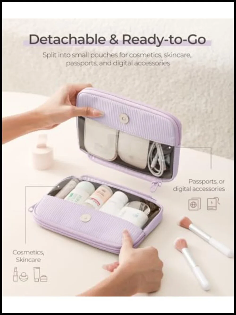 Double Detachable Makeup Bag, 180° Lay-Flat Corduroy Cosmetic Organizer,